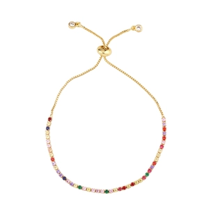Detail of adjustable gold-plated bolo bracelet with pavé-set colorful zircon stones