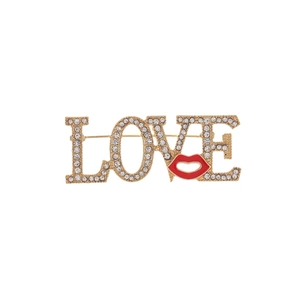 Broche LOVE élégante avec strass et détail lèvres rouges en finition or et argent