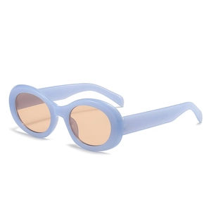 Retro oval sunglasses with light blue frame and tinted orange lenses in a 45-degree view