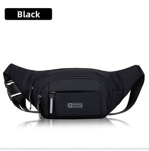 Close-up of black waterproof waist bag with multiple zipper pockets and R Sport logo