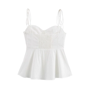 Slim fit white spaghetti strap peplum top with an irregular hem and ruched back design