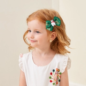 Christmas bow hair clip with white polar bear charm and Merry Christmas print for girls