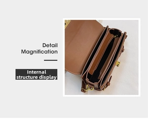 Detail magnification of the multi-layer internal structure in a brown leather crossbody bag