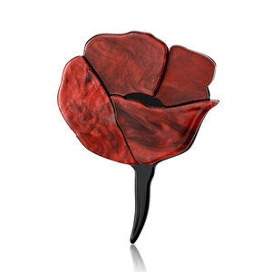 Elegant red acrylic rose flower brooch with marble texture petals and sleek black stem