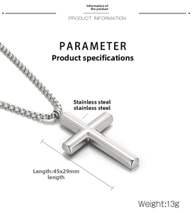Detailed view of 45x29mm silver stainless steel cross pendant with product specifications