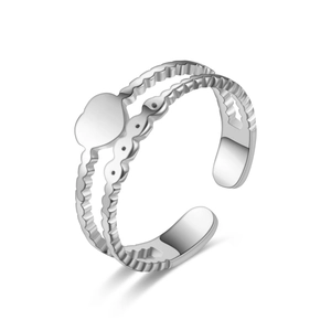 Silver double-layered open ring featuring a heart element and wavy texture for women