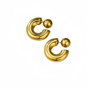 Minimalist golden C-shape stainless steel tube hoop earrings with round ball backings