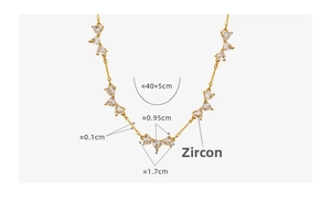 Detailed view of gold plated titanium necklace featuring heart zircon stones and dimensions