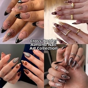 Detailed grid showing almond-shaped press-on nails with leopard, French tip, and heart designs