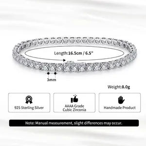 Handmade 925 sterling silver tennis bracelet with 3mm AAAA zircons 16.5cm length