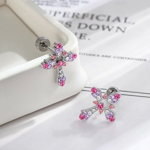 Exquisite cross stud earrings with pink, purple, and white cubic zirconia accents