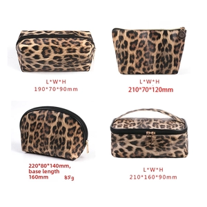 Detailed dimensions of four leopard print makeup bags including rectangular and pouch styles