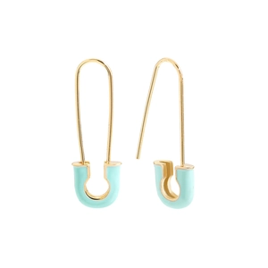Detail of safety pin earrings in gold finish with mint green enamel drip accents