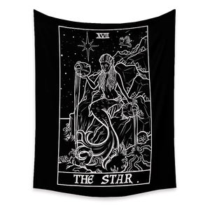 Detail of The Star XVII tarot tapestry with mermaid motif on black background