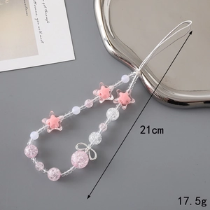 Pink star beads and silver bow pendant phone charm strap, 21cm length for accessories