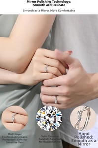 Close-up of S925 sterling silver twin knot couple rings with cubic zirconia and S925 stamp