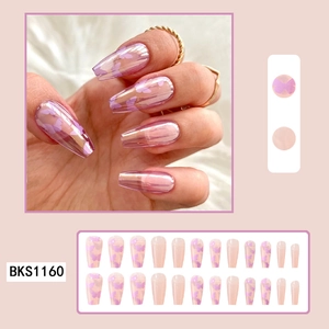 Detail of pink-purple holographic coffin press-on nails with butterfly designs and 24-piece set