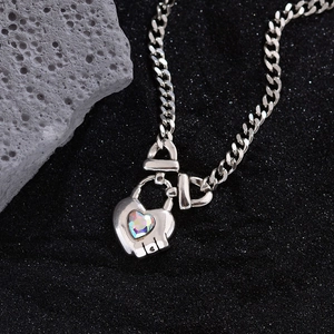 Vintage Silver Plated Copper Heart Lock Pendant Necklace With Iridescent Rhinestone Bow Cuban Chain Fashion Jewelry For Women