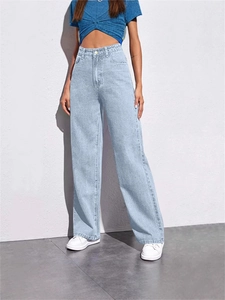 Women's high waist wide leg light blue washed denim jeans in a loose straight fit