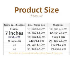 Size chart for acrylic photo frames from 6 inch to A3 including outer and photo dimensions