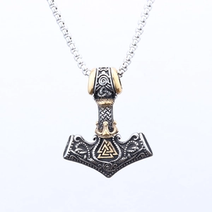 Vintage stainless steel Viking Mjolnir pendant necklace with golden runes and valknut symbols