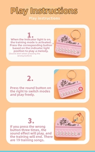 Detail guide showing training and play modes for this pink piano music keychain toy