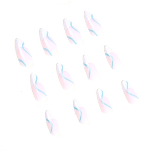 Almond-shaped press-on nails with blue wave textures and white French tips design