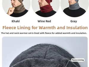 Detail of winter knit hat and neck warmer set showing soft fleece lining and color options
