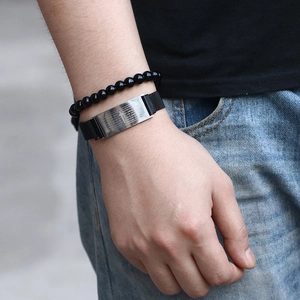 Men's black bead bracelet set with stainless steel cross plaque and Milanese mesh band