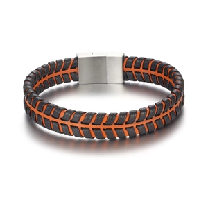 Men's retro woven leather bracelet in black and orange with silver metallic clasp