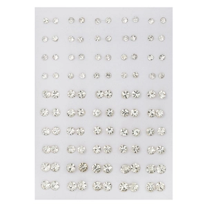 Set of 50 pairs of assorted pearl and rhinestone stud earrings on white display card