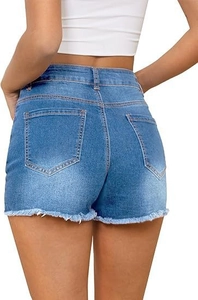 Detailed back view of high-waisted denim shorts featuring frayed hems and blue wash finish