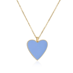 Detail of a gold O-chain necklace featuring a large light blue enamel heart pendant