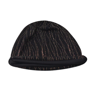 Detailed view of black knitted beanie with colorful metallic wave textured pattern