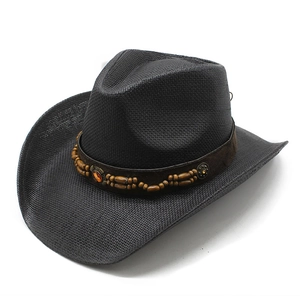 Classic black woven straw cowboy hat with decorative beaded band and wide curved brim