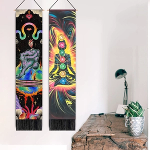Bohemian zen wall tapestry with chakra meditation print and black tassel fringe decoration