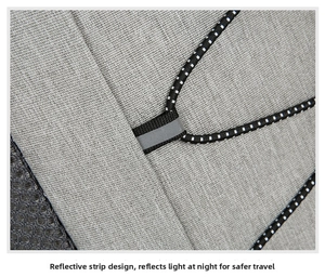 Macro detail of grey insulated backpack fabric with reflective strip and woven zipper pull