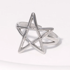 Detailed view of silver hollow star open ring made of durable stainless steel