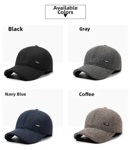 Detail view of winter baseball caps in black, grey, navy, and brown with ear protection