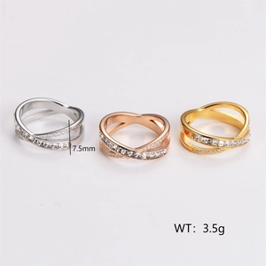Stainless steel X-cross rings with cubic zirconia inlay in silver, gold, and rose gold
