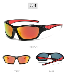 Detailed views of polarized sports sunglasses with red mirrored lenses and non-slip temples
