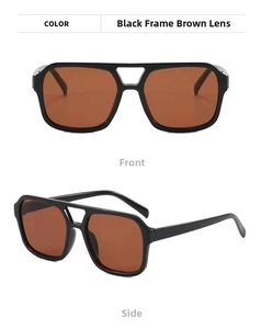 Front and side view of double-bridge aviator sunglasses with black frame and brown lenses