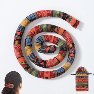 Ethnic style flexible wire hair tie set with colorful fabric and matching storage bag