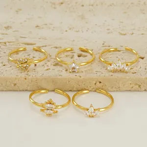 Bague Ouverte Ajustable En Acier Inoxydable Avec Zircon Étoile Cœur Feuille Couronne Plaqué Or 18K Bijoux Mode Femme