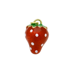 Detailed view of a red strawberry pendant with green leaves and gold metal ring
