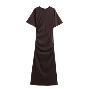 Coffee Brown Ruched Side Maxi Dress Elastic Polyester Knitted Short Sleeve Round Neck Slim Fit High Waist Sexy Women