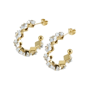 Elegant gold-tone semi-hoop earrings featuring square cubic zirconia stones on white background