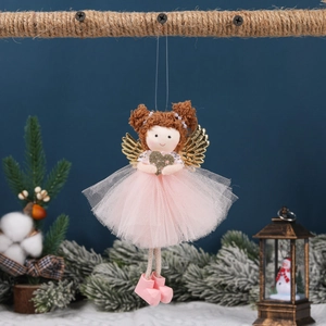 Pink Christmas angel hanging ornament with mesh skirt and golden sequin wings