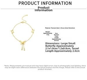 Detail view of 18k gold titanium anklet featuring butterfly pendants and zircon tassels