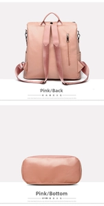 Pink PU leather backpack detail showing anti-theft back zipper pocket and bottom base